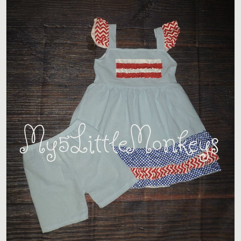 Boutique 4th of July Seersucker Tunic Dress Ruffle Shorts Girls Outfit Set